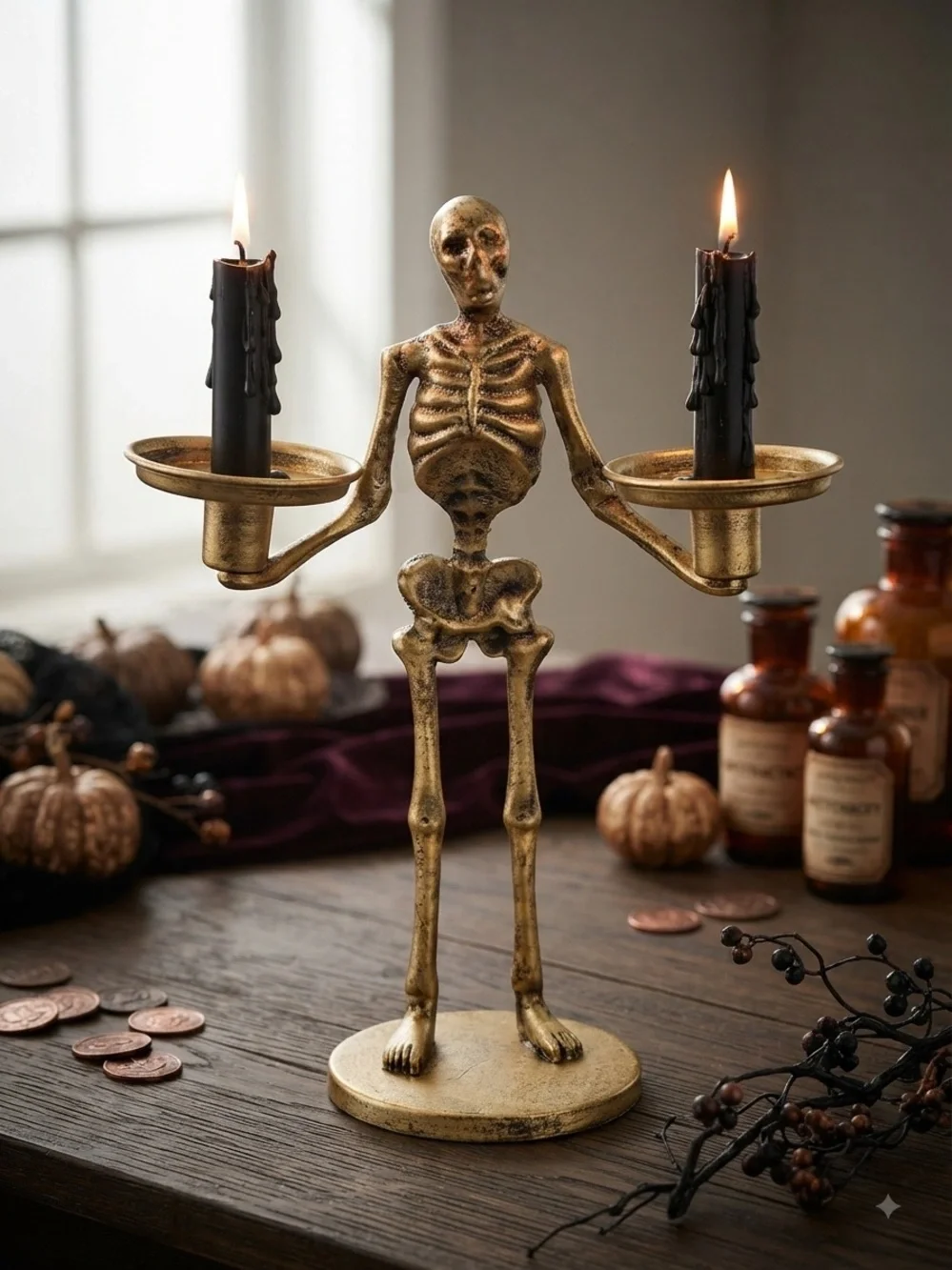Metal Gold Tone Skeleton Dual Candleholder candelabra
